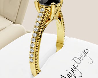 1 Carat Black Diamond Engagement Ring 14K Yellow Gold Minimalist Ring 4 Prong Milgrain Ring