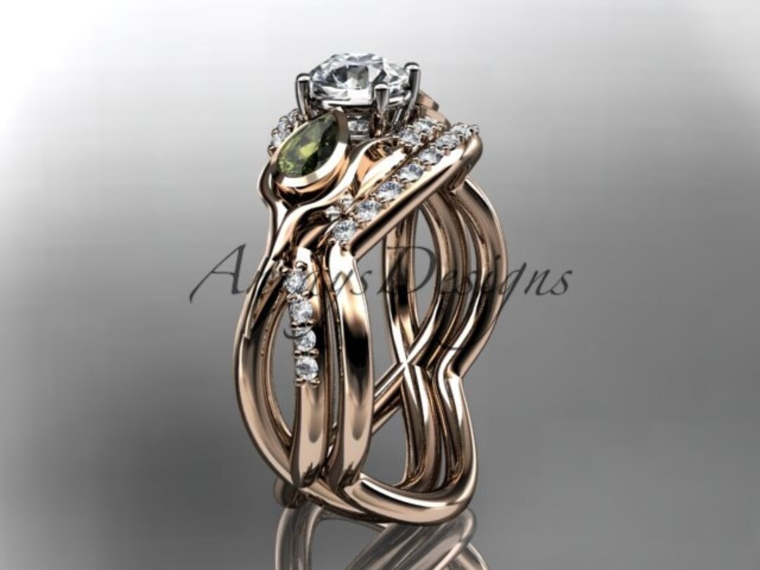Leaf Vine Engagement Ring Set 14k Rose Gold Unique Green Stone Sapphire ...