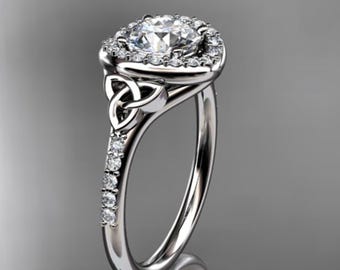 1 Carat Diamond Celtic Engagement Ring Lab Grown Diamond Halo Ring 14k White Gold Ring Trinity Knot Eternal Love Ring