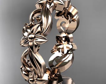 Nature Inspired Gold Band 14k Rose Gold Leaf and Flower Wedding Band Stackable Ring for Women