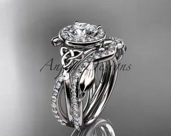 Moissanite Engagement Ring Celtic Engagement Ring Platinum Celtic Trinity Knot Engagement set Wedding Ring