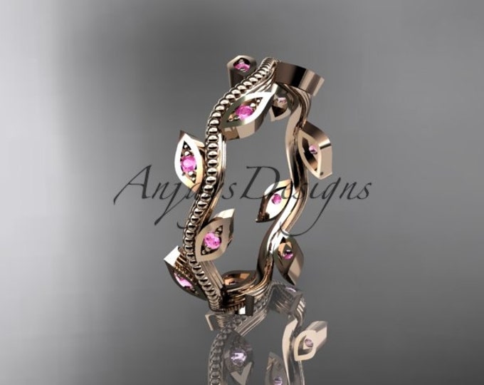 Women's Pink Sapphire Wedding Ring 14k Rose Gold Nature Inspired Unique Leaf Vine Engagement Band Gift For Her Minimalist Jewelry