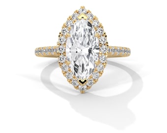 2 Carat Marquise Cut Lab Grown Diamond Halo Engagement Ring F VS2 IGI Certified Unique Proposal Ring 14k Yellow Gold 6 Prong