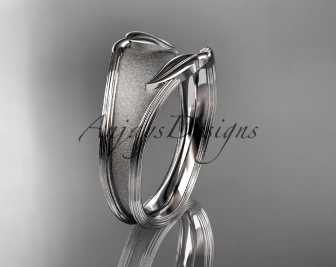 14k Matte White Gold Band Nature Inspired Women's Wedding Band Solid Gold Band Leaf Organic Design