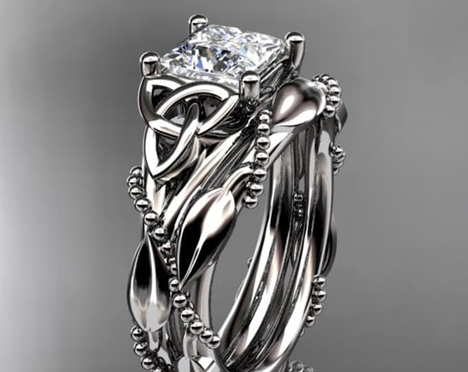 1 CT Princess Cut Lab Grown Diamond Engagement Ring Celtic Bridal Ring Set 14K White Gold Unique Nature Inspired Ring