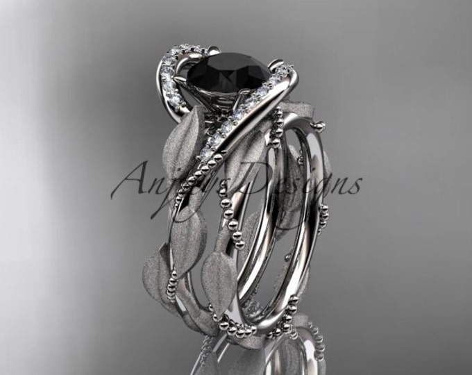 14kt white Gold Diamond leaf and vine Wedding Ring Engagement set Black Diamond