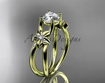 Yellow Gold 14k White Sapphire Engagement Ring Nature Inspired Diamond Flower Bridal Ring