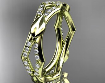 Diamond Leaf Wedding Ring 14k Yellow Gold Nature Inspired Engagement Bridal Band For Her