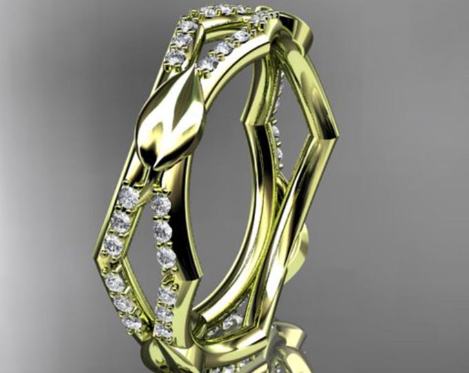 Diamond Leaf Wedding Ring 14k Yellow Gold Nature Inspired Engagement Bridal Band For Her
