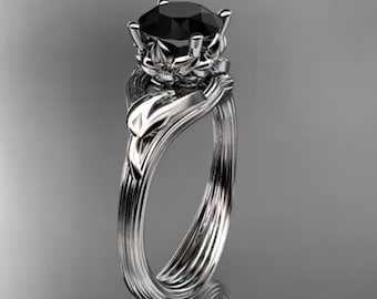 Minimalist Black Diamond Engagement Ring Leaf and Vine Diamond Ring 14k White Gold Dainty Minimalist Wedding Ring