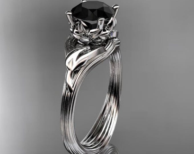 Nature Inspired Black Diamond Engagement Ring Leaf and Vine Diamond Ring 14k White Gold Dainty Minimalist Wedding Ring