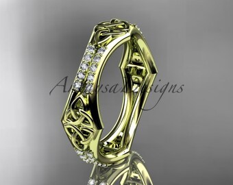 Diamond Celtic Irish Wedding Band 14k Yellow Gold Trinity Knot Engagement Gift For Her