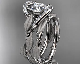 1 Carat Round Lab Grown Diamond Bridal Set Nature Inspired Engagement Ring 14K White Gold Leaf Vine Engagement Ring Set