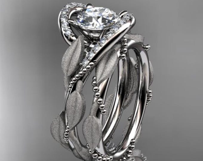1 Carat Round Lab Grown Diamond Bridal Set Nature Inspired Engagement Ring 14K White Gold Leaf Vine Engagement Ring Set