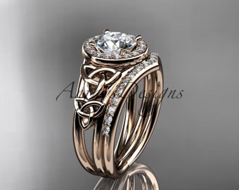 Charles & Colvard Moissanite Halo Wedding Ring Set 14k Rose Gold Celtic Knot Bridal Set For Her