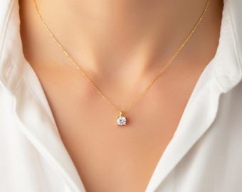 1 Carat Round Diamond Solitaire Pendant Necklace Solid 14k Gold Lab Grown Diamond Minimalist April Birthstone IGI Certified