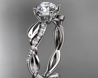 Nature Inspired Engagement Ring 1 Carat Round Lab Grown Diamond D VS1 Leaf Ring 14k White Gold Dainty Ring