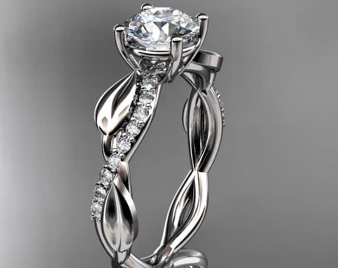 Nature Inspired Engagement Ring 1 Carat Round Lab Grown Diamond D VS1 Leaf Ring 14k White Gold Dainty Ring