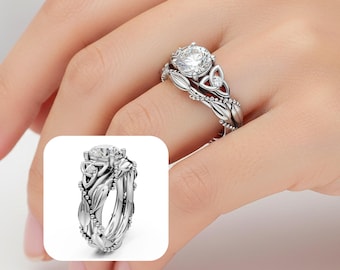 Celtic Engagement Ring Set 2 Carat Round Lab Grown Diamond Bridal Ring Set Celtic Knot Ring Nature Inspired 14k White Gold