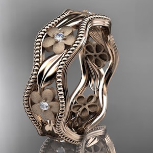 Flower Wedding Band Nature Inspired Diamond Stacking Ring 14k Rose Gold Unique Floral Leaf Ring