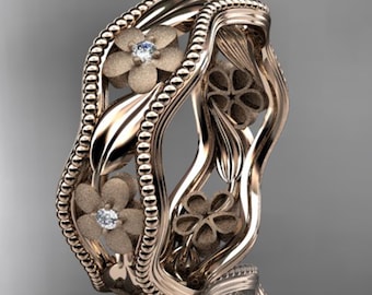 Flower Wedding Band Nature Inspired Diamond Stacking Ring 14k Rose Gold Unique Floral Leaf Ring