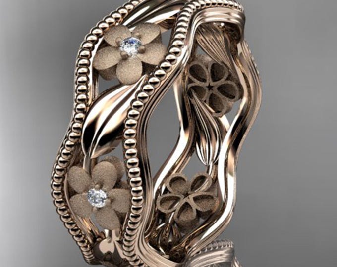 Flower Wedding Band Nature Inspired Diamond Stacking Ring 14k Rose Gold Unique Floral Leaf Ring