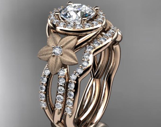 Nature Inspired Diamond Engagement Set Unique Flower Ring Lab Grown Diamond Halo 14k Gold IGI Certified