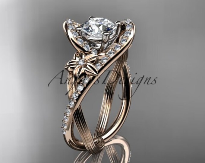 Nature Inspired Engagement Ring 1 Carat Round Lab Grown Diamond Ring CVD Diamond Flower Ring Floral Design 14k Rose Gold Diamond Ring