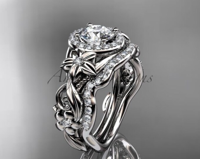 Moissanite Engagement Ring Unique Diamond Engagement Set Floral Wedding Ring Platinum Ring Diamond Bridal Wedding Set