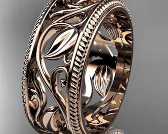 Leaf Wedding Band 14k Rose Gold Unique Handmade Nature Inspired Promise Ring Botanical Anniversary Ring
