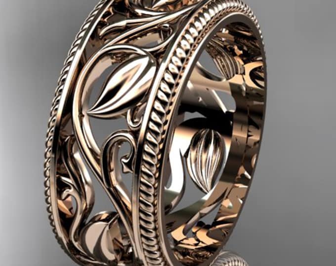 Leaf Wedding Band 14k Rose Gold Unique Handmade Nature Inspired Promise Ring Botanical Anniversary Ring