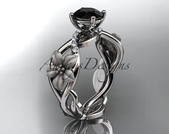 Lotus Flower Black Diamond Engagement Ring Unique 14k White Gold Wedding Ring