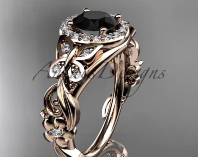 Unique Butterfly Engagement Ring 14k Gold Flower Ring Round Black Diamond