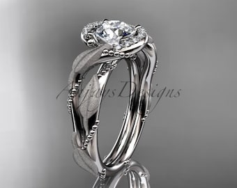 Unique Matte Leaf Moissanite Engagement Ring 14k White Gold Diamond Wedding Ring