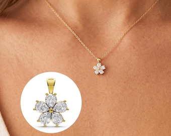 Diamond Flower Pendant 14k Yellow Gold Necklace Lab Grown Pear Diamond Charm Necklace Dainty Floral Minimalist Pendant