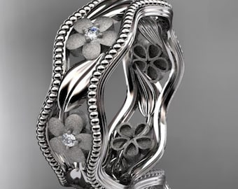 Unique Flower Wedding Band 14k White Gold Beaded Ring Nature Inspired Boho Design