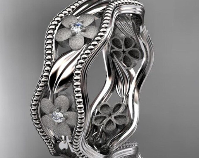 Unique Flower Wedding Band 14k White Gold Beaded Ring Nature Inspired Boho Design