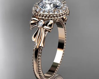 1.5 Carat Round Cut Lab Grown Unique Diamond Ring Halo Engagement Ring 14k Rose Gold Bow Tie Ring