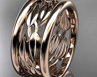 Unique Leaf Wedding Band 14k Solid Rose Gold Nature Inspired Ring Handmade Anniversary Ring Vine Floral Band