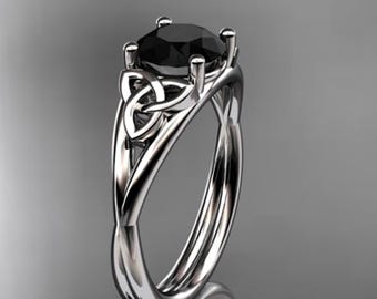Celtic Engagement Ring 1 Carat Round Black Diamond Solitaire 14k White Gold Dainty Wedding Ring