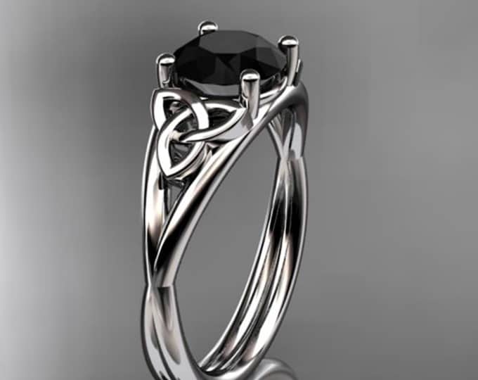 Celtic Engagement Ring 1 Carat Round Black Diamond Solitaire 14k White Gold Dainty Wedding Ring