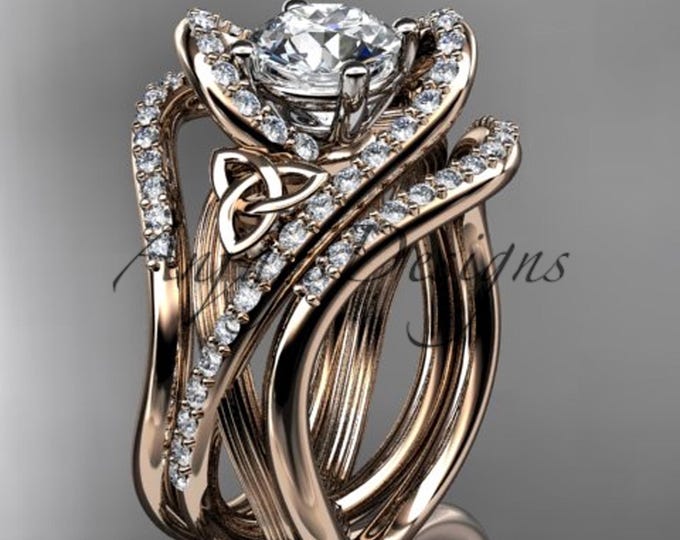 Celtic Engagement Ring Set 1 Carat Lab Grown Dimond Trinity Knot Ring IGI Certified Diamond 14k Rose Gold with Matching Bands