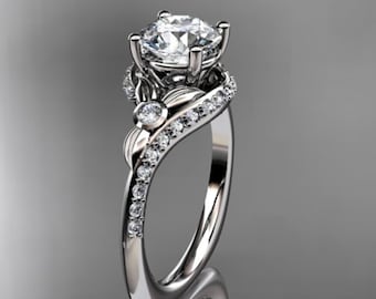 1 Carat Round Lab Grown Diamond Leaf Engagement Ring Unique Nature Inspired Diamond Ring IGI Certified 14k White Gold