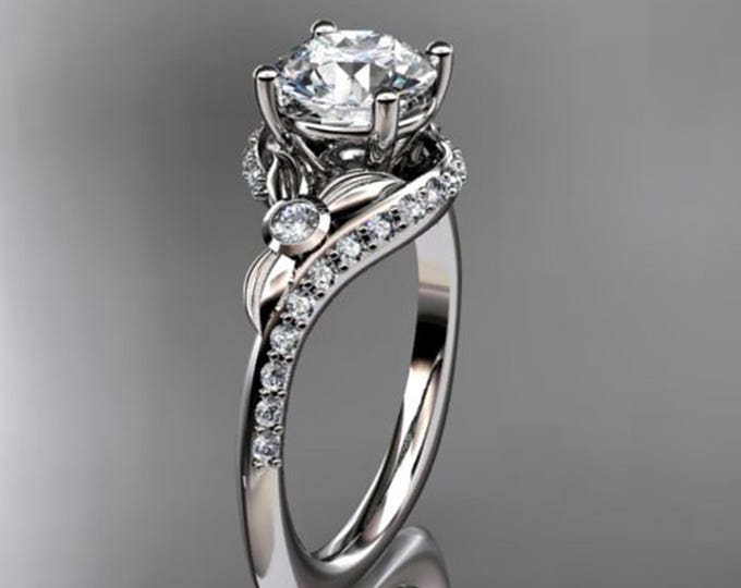 1 Carat Round Lab Grown Diamond Leaf Engagement Ring Unique Nature Inspired Diamond Ring IGI Certified 14k White Gold