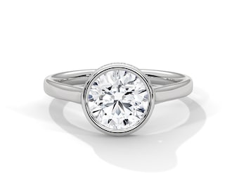 2 Carat Round Lab Grown Diamond Ring Bezel Set Diamond Engagement Ring 14k White Gold Hidden Halo Wedding Ring IGI Certified
