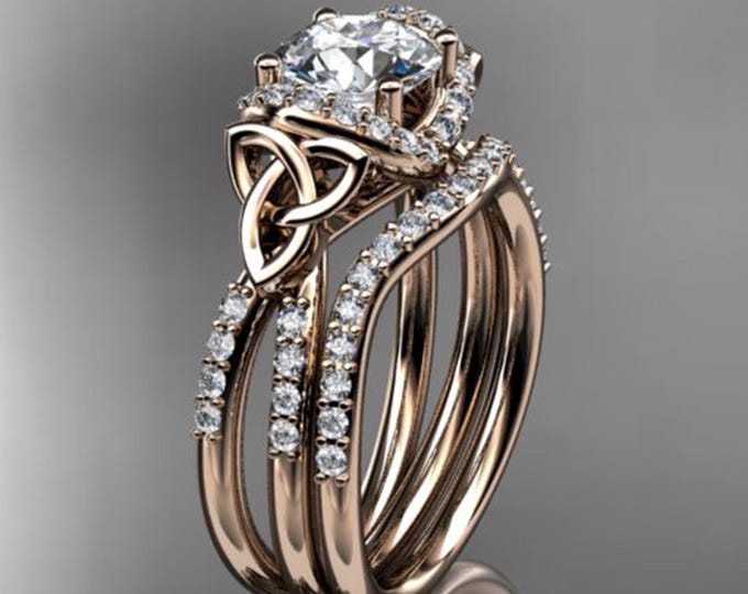 14k Rose Gold Women's Celtic Trinity Knot Wedding Ring Set IGI Certified Diamond Engagement Gift