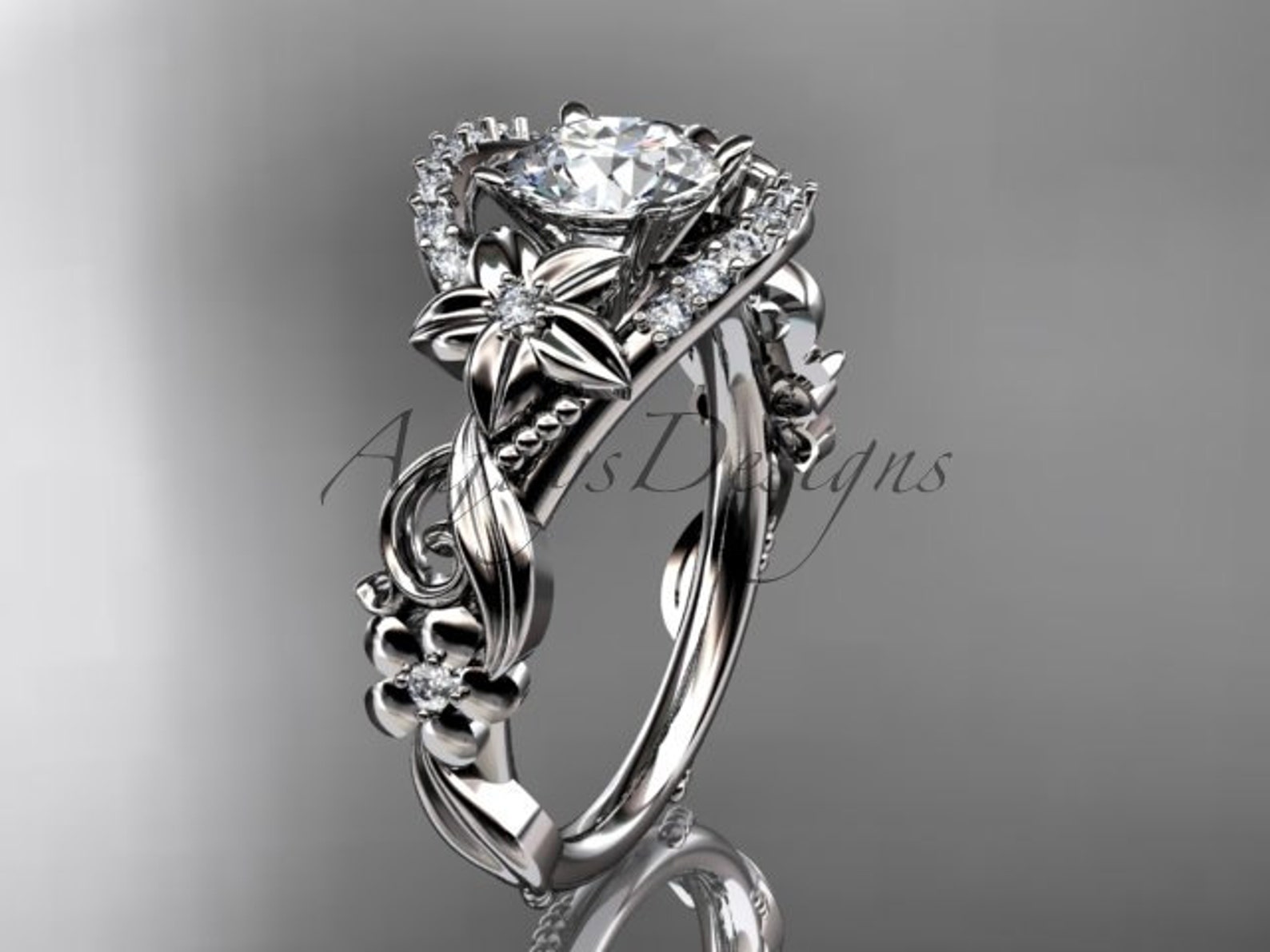 Organic Engagement Ring Flower Wedding Ring Diamond Floral Etsy