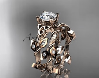 Celtic Knot Moissanite Wedding Ring Set 14k Rose Gold Vine Leaf Engagement Bridal Set