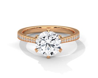 Round Cut 2 Carat Lab Grown Diamond Engagement Ring 6 Prong IGI Certified Round Side Diamonds 14k Rose Gold