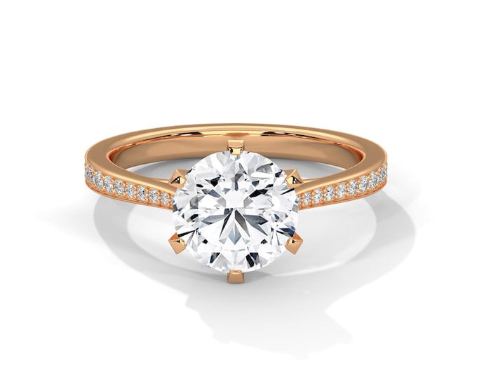 Round Cut 2 Carat Lab Grown Diamond Engagement Ring 6 Prong IGI Certified Round Side Diamonds 14k Rose Gold